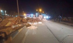 Virajı alamayan tır devrildi saman balyaları yola saçıldı: 1 yaralı