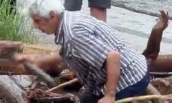 Odun uğruna canını hiçe sayarak dereye giren vatandaşın o anları kamerada