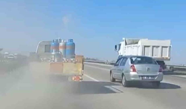 Tüp kamyonunun lastiği patladı: Korku dolu anlar kamerada
