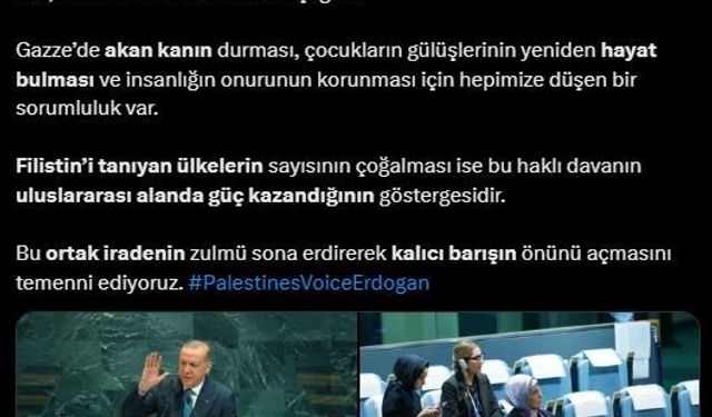 Emine Erdoğan’dan Cumhurbaşkanı Erdoğan’ın BM’deki hitabına ilişkin paylaşım: