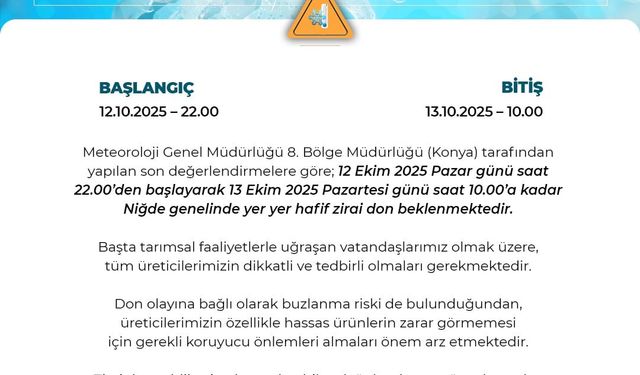 Niğde Valiliğinden zirai don uyarısı