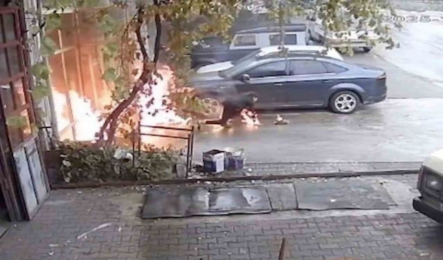 Oto tamirhanesinde dehşet anları: Yanmaktan böyle kurtuldular