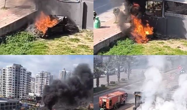 Mersin'de Otomobil İş Yerine Çarpıp Alev Aldı