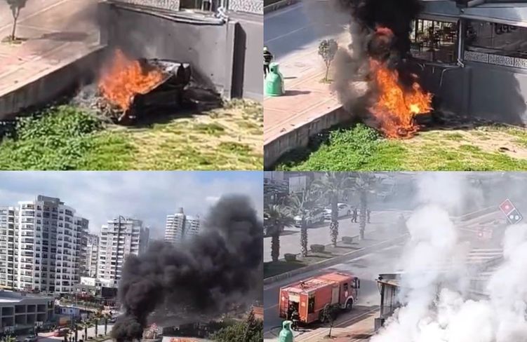 Mersin'de Otomobil İş Yerine Çarpıp Alev Aldı