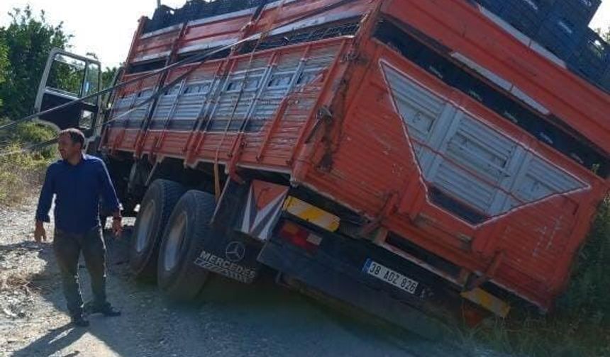 Narenciye yüklü kamyon yoldaki çukura düştü