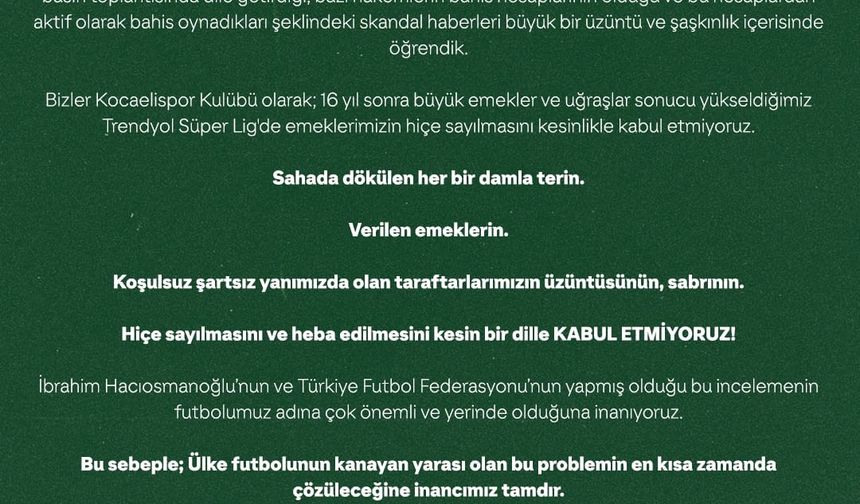 Bahis tartışmalarına Kocaelispor da dahil oldu