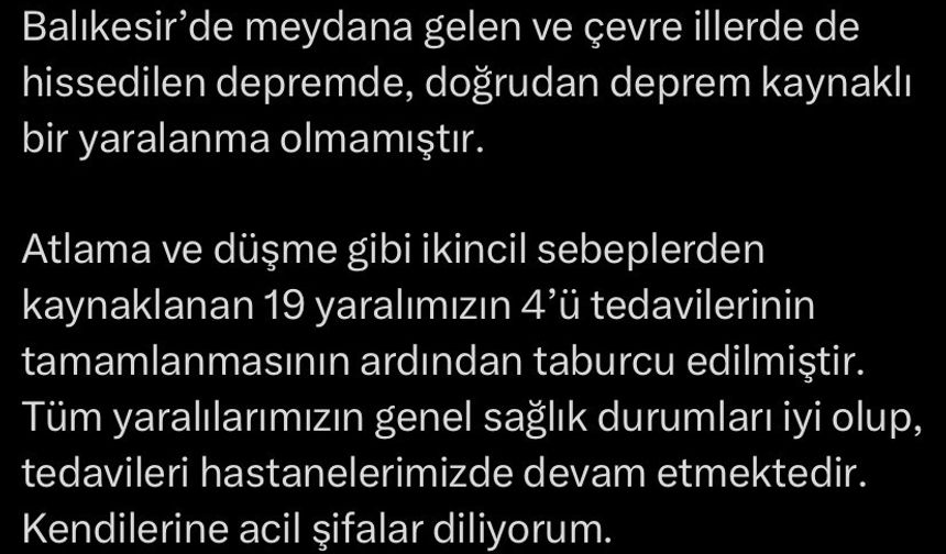 Bakan Memişoğlu: "Depremde, doğrudan deprem kaynaklı bir yaralanma olmamıştır"