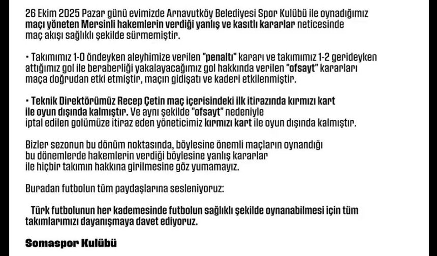 Somaspor’dan maçın hakemlerine tepki