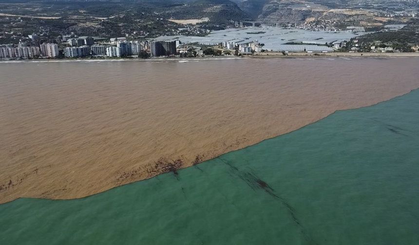 Derelerden Akdeniz'e akan sel suları kıyı şeridini çamura bürüdü