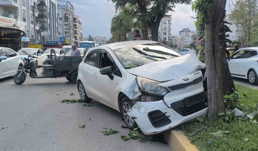 Yaya geçidinden geçen motosiklete çarpmamak için direksiyonu kırınca ağaca çarptı