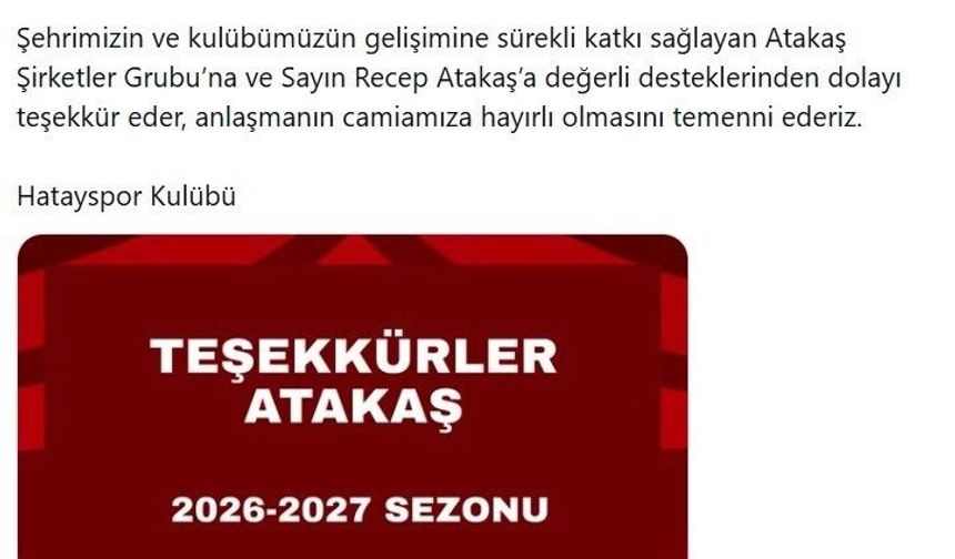 Atakaş Şirketler Grubu, Hatayspor'a sırt sponsoru oldu