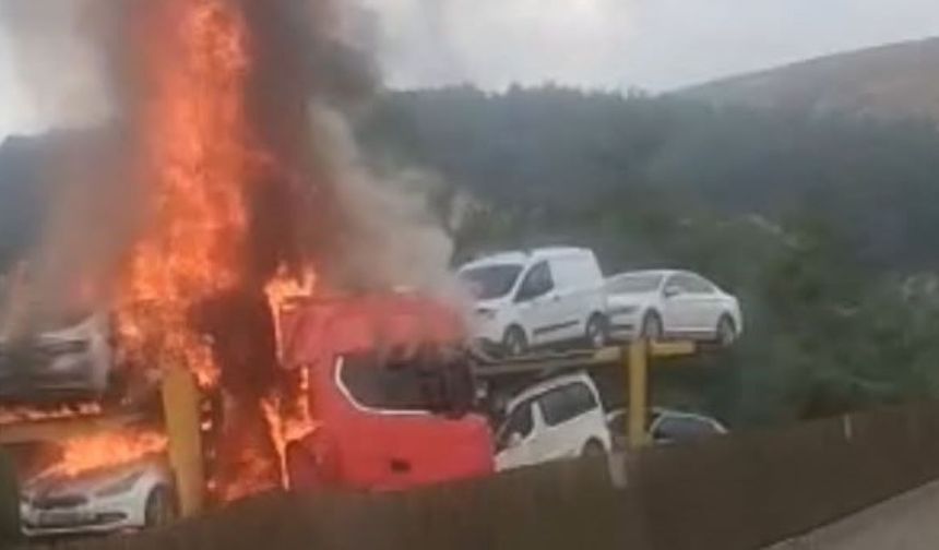 Sıfır Araç Taşıyan Tır Seyir Halindeyken Alev Aldı