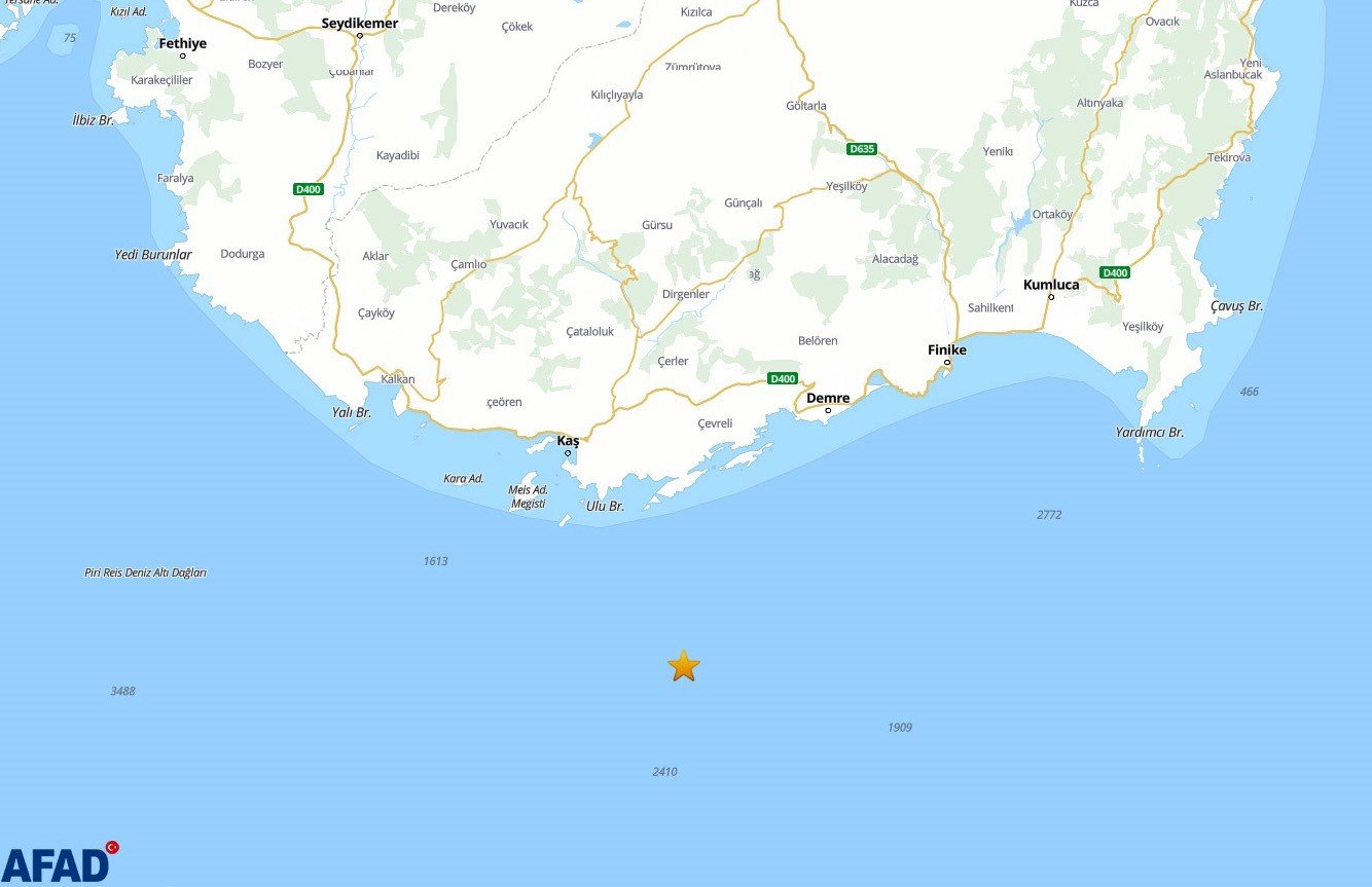 Kaş açıklarında 3.8 büyüklüğünde deprem meydana geldi