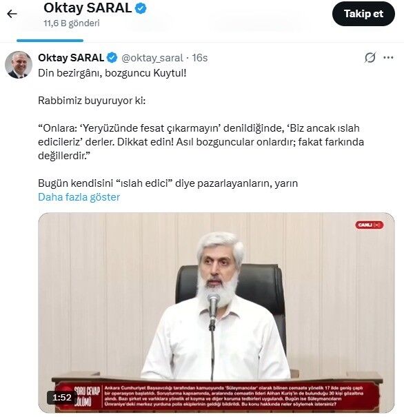 Cumhurbaşkanı Başdanışmanı Saral'dan Kuytul'a tepki: 'Senin de suyun yeterince ısındı Kuytul'